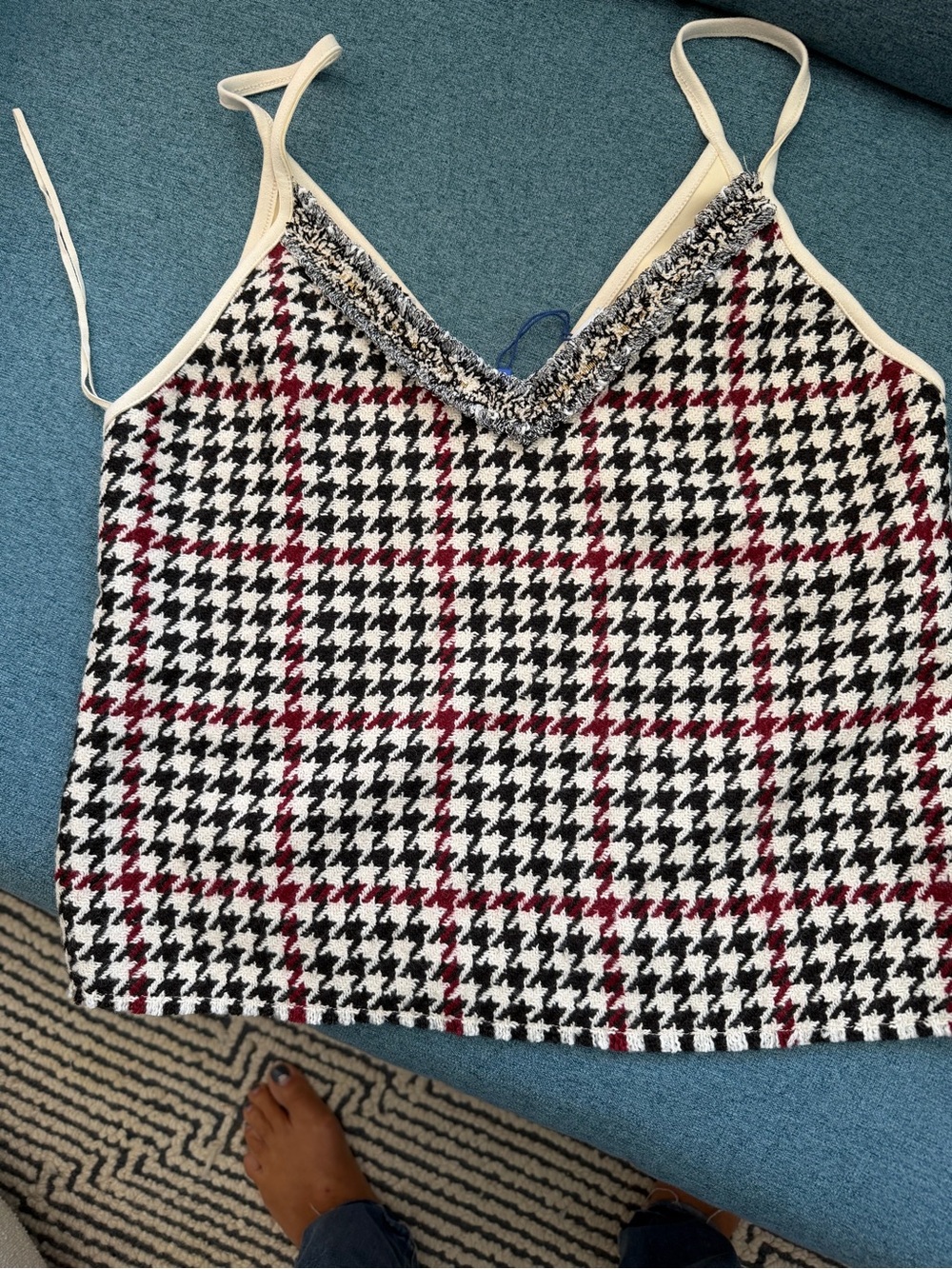 Zara Black, White & Red Houndstooth Fringe-Trim Cami
